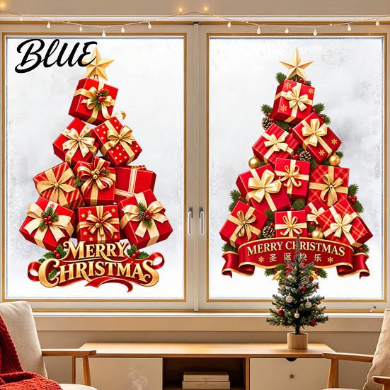 Removable PVC Glass Film Stacked Gift Boxes Christmas Tree Window Cling Creative Static Sticker Seasonal Ornamentation Decal for Holiday Home
