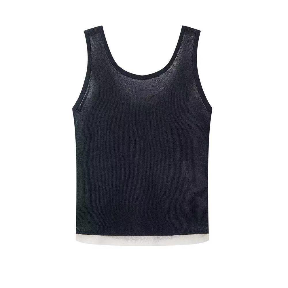Spring 2026 Color Block U-Neck Knit Vest - Fake Two-Piece Design