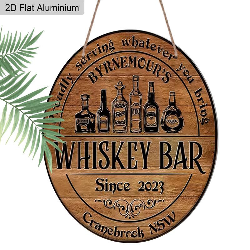 2D Flat Aluminum Whiskey Bar Sign for Home Bar Decor - Rustic Round Metal Plaque - Vintage Man Cave Accessories & Wall Art for Garage, Basement