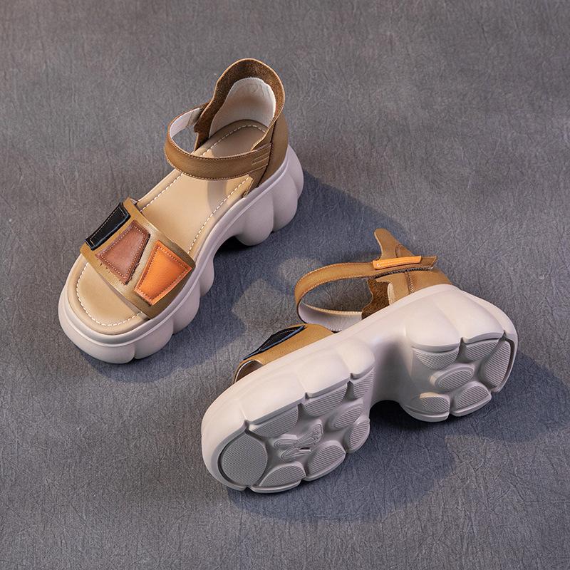 The first layer of cowhide sandals for women in the summer of 2025, the new breathable hollow ethnic style retro thick-soled muffin shoes for women