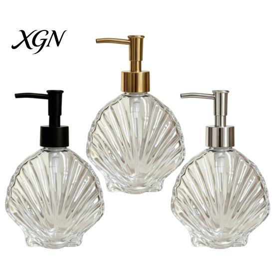Lotion Glass Container 400ML Beach Seashell Refillable Soap Dispenser, Liquid Hand Bottle Container, Pump for Bathroom Kitchen Countertop Dispenser