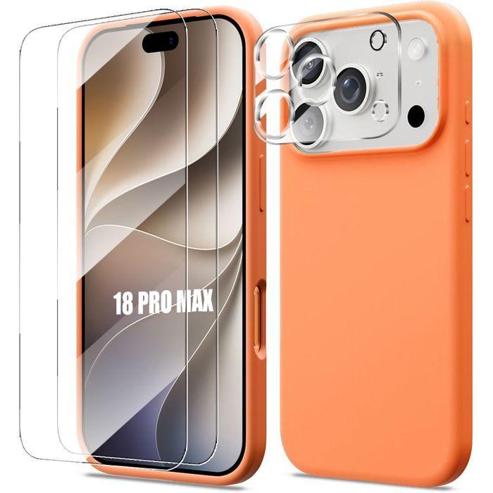 Coque pour iPhone 18 Pro Max, Silicone Anti-Rayures Orange - 2 Verres Trempés - Protection Caméra
