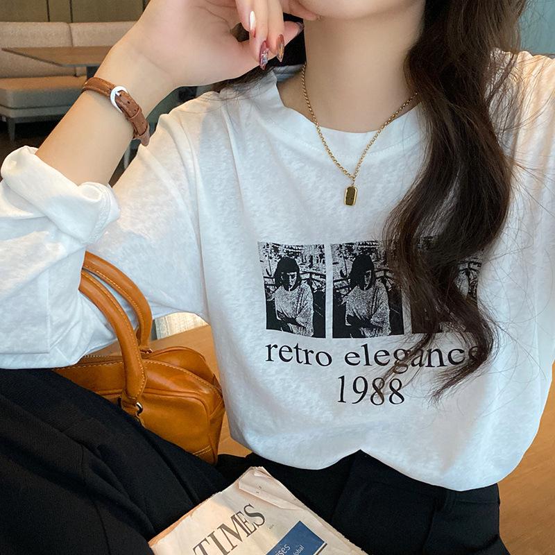

Women s White Long Sleeve Cotton T-Shirt - Spring/Autumn 2024 Print, Loose Fit, Round Neck Base Layer Large