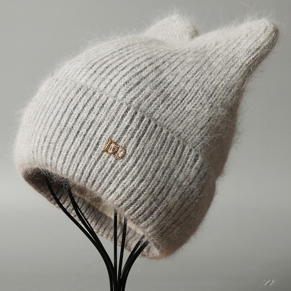 Knit Beanie Hat Fleece Lined Thickened Warm Rabbit Hair Slouchy Solid Color Large Head Size Winter Autumn Women