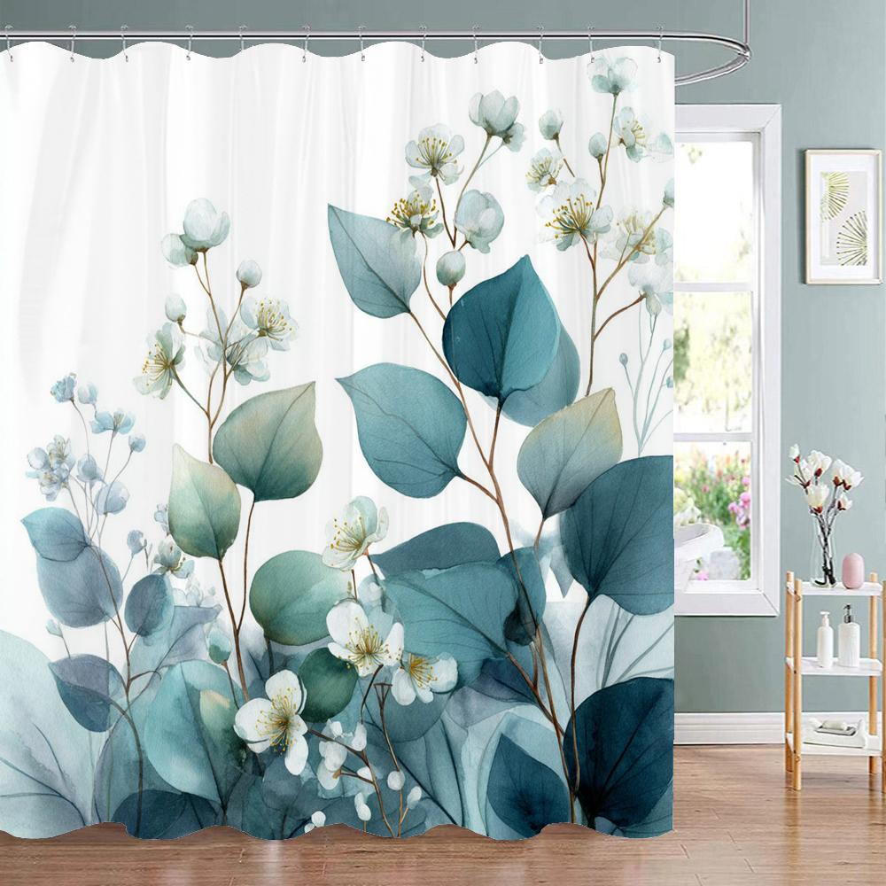 Modern Botanical Leaf Shower Curtain, Floral Plant Bathroom Decorative Shower Curtain, Polyester Shower Curtain With Hooks