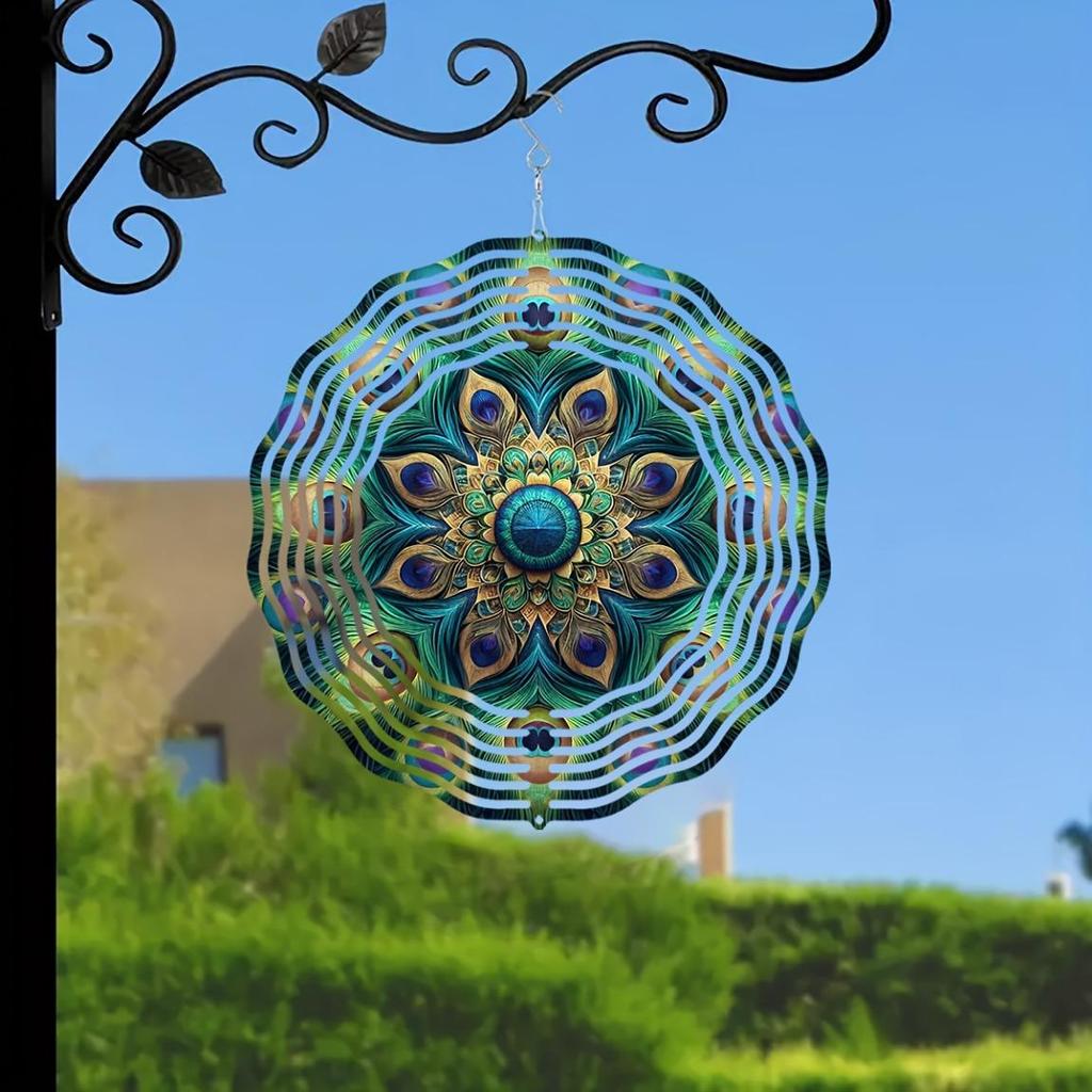 10palcový 3D laserem vyřezávaný kovový větrník Geometrický design pávího pera 360° otočný háček Venkovní Vnitřní zahradní dekorace Dárek na kolaudaci pro ženy muže