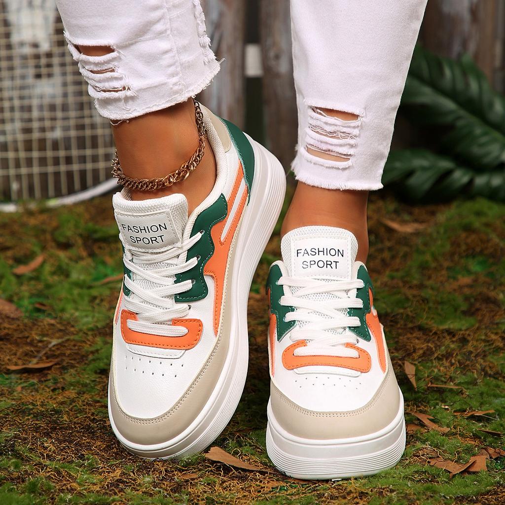 Fashion Sneakers Women's Colorblock Lace-up Breathable Sneakers Woman Campus Sneakers Show Feet Soft Leather Casual Shoes Women
