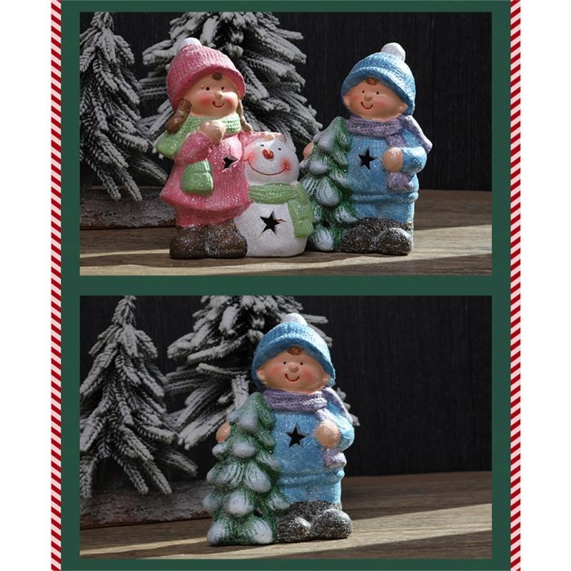 Ceramic Boy Girl Figurine Ornament with LED Light Tabletop Decoration Ideal Gift for Family Friend Birthday Christmas