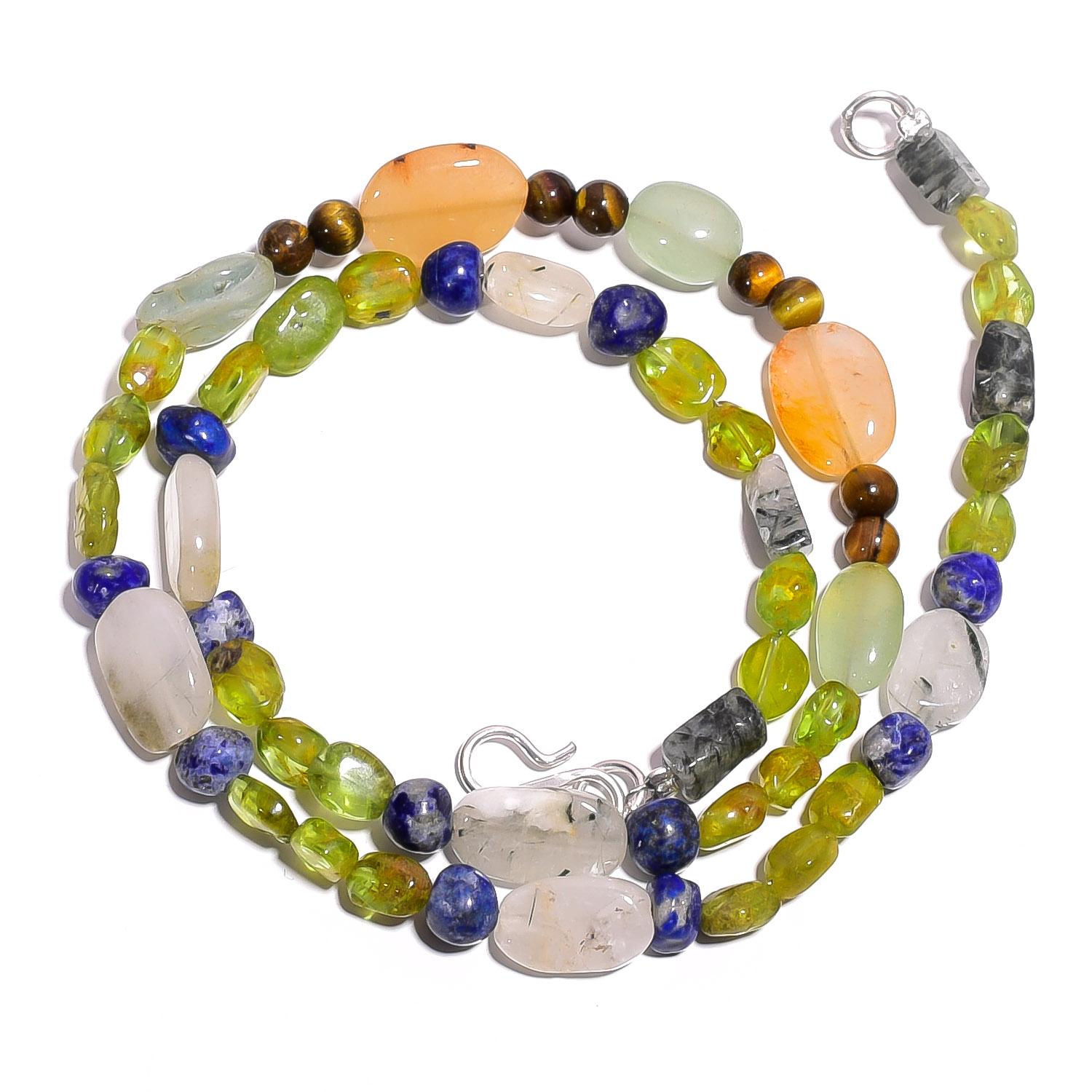 

Natural Rutile Quartz Lapis Lazuli Peridot Gemstone Beads Necklace 17 UB-4011 UB-4011