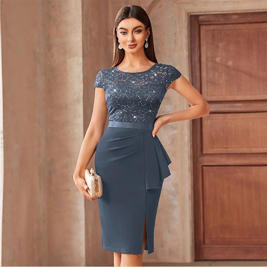 New Elegant High-Waisted Lace Bodycon Dress with Slit for Women