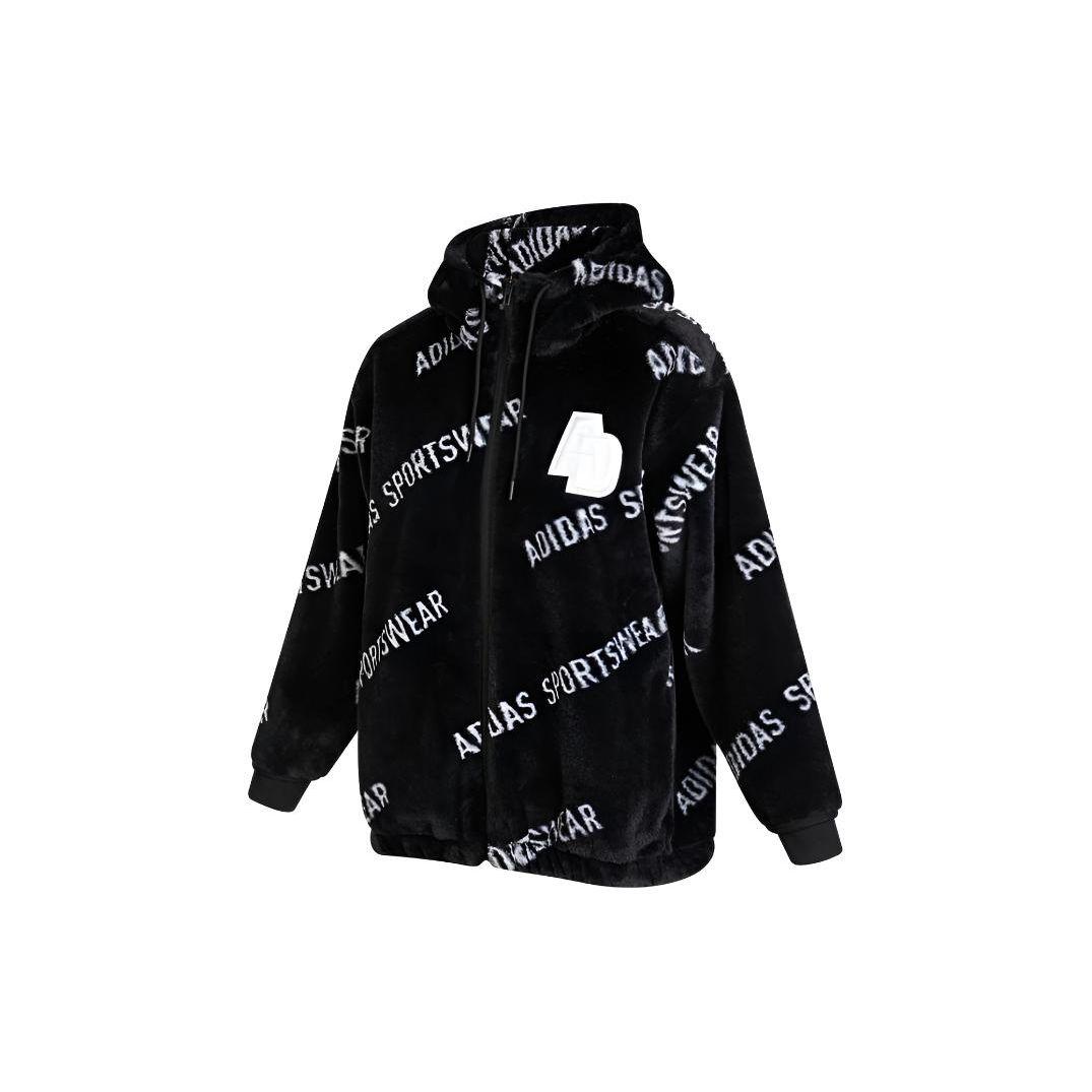 Adidas All Over Logo Print Fleece Hooded Jacket Women s Black IB2751 L