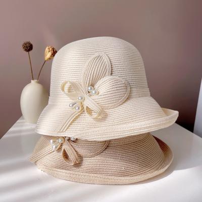 Handgefertigter Blumen-Perlen-Fischerhut mit kleiner Krempe, Hepburn-Stil, elegant, retro, Outdoor, faltbarer Sonnenschutzhut