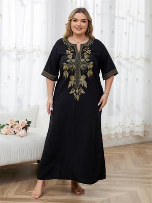2024 Elegant Gold Embroidered Plus Size Black Kaftan Sexy Bathing Suit Cover Up For Women Summer V-neck Short Sleeve Beachwear Cozy House Dress Q1664