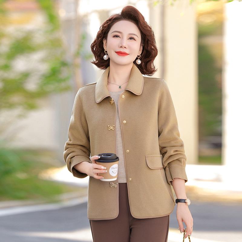 

Весна и осень 2025 Стильное шерстяное пальто для женщин среднего возраста - большой размер, дизайн с лацканами, возраст 50+ XL хаки