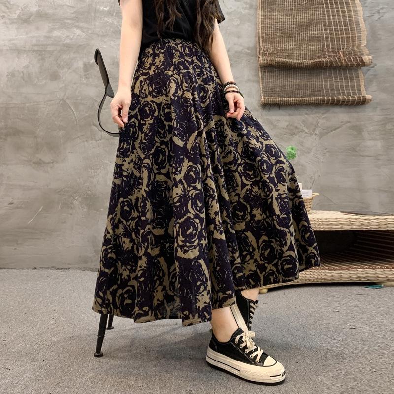 

Весна 2024 Етнічна Ретро Квіткова Міді Спідниця - Висока Талія Бавовна Льон А-силует One Size (Recommended for 90-150kg)