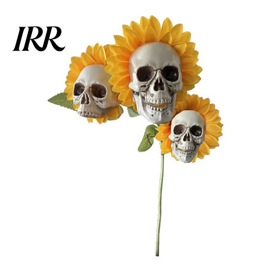 Fun Halloween Garden Accessory Sunflower Skull Ornament, Theme Decor, Potted Outdoor Spooky Planter Plant Waterproof Decoration, for Lawn