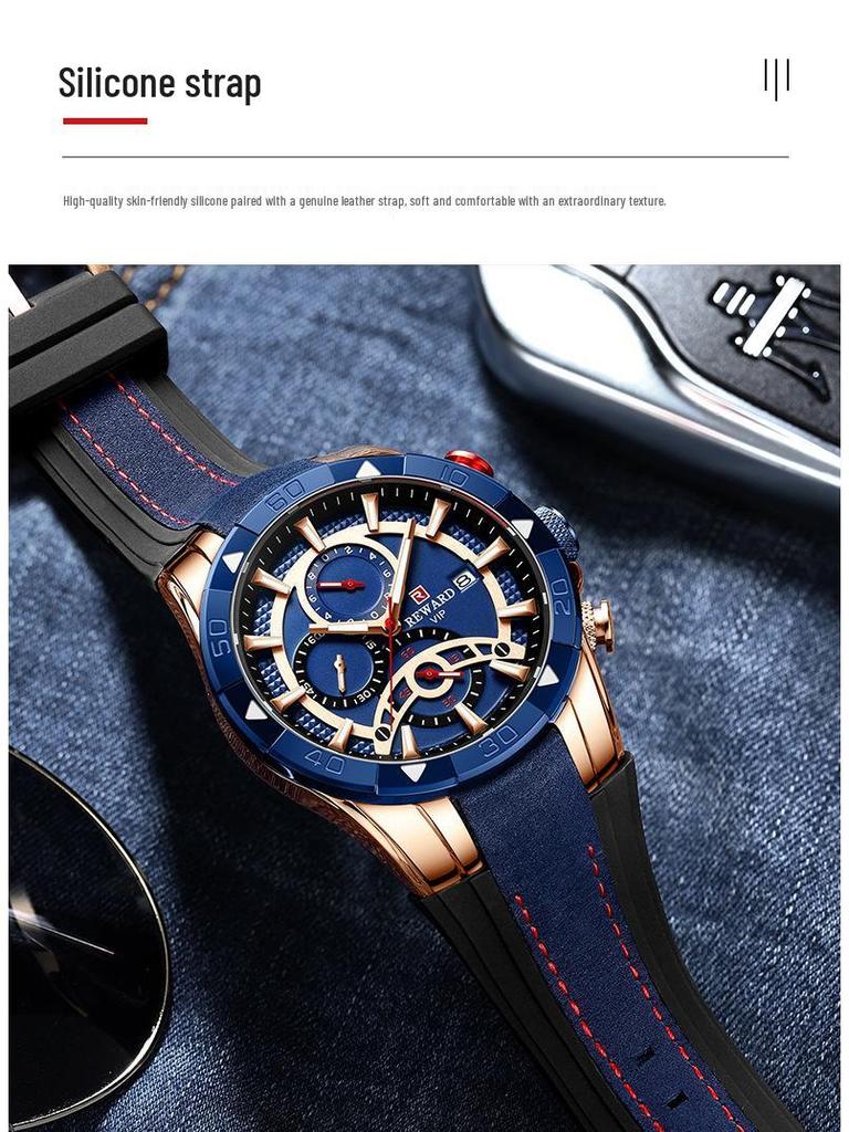 Herren-Chronographuhr - Wasserdicht, Leuchtend, Farbblockiertes Silikonarmband, Sportliches Design