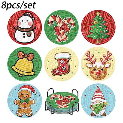 8 Piezas/set de Posavasos con Patrón Navideño Pintados con Diamantes, Posavasos DIY con Soportes, Adecuados para Principiantes y Adultos, Suministros de Arte y Manualidades Regalos