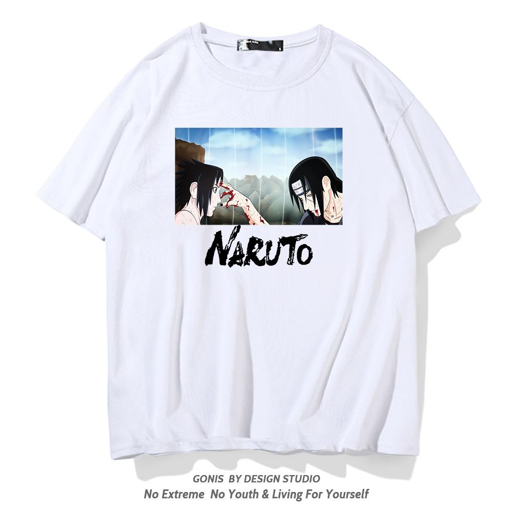 Naruto T-shirt male Japanese anime Sasuke Uchi Hasuki family trendy brand youth pure cotton loose top