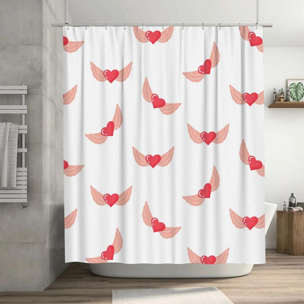 Romantic Heart Wings Shower Curtain Pink Red White Floral Decorative Customizable Waterproof Bath Hanging Room Decoration Backdr