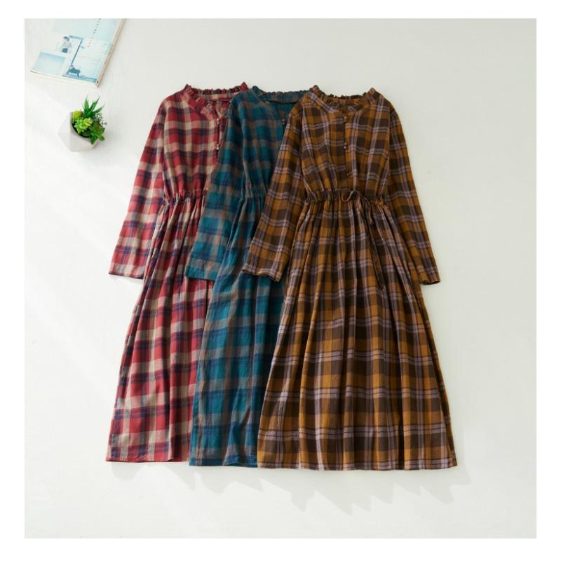 Herbst Plus Retro Taillenbetonendes Schlankmachendes Schnürkleid in Midi-Länge mit Karomuster für Damen Freizeitkleider