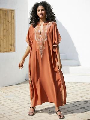 Bestickte Damen-Kaftan-Robe, modisches Urlaubskleid, lockerer, gemütlicher Badeanzug, Überwurf, Lounge-Kleid, Hauskleid, Wickelkleid Q1653