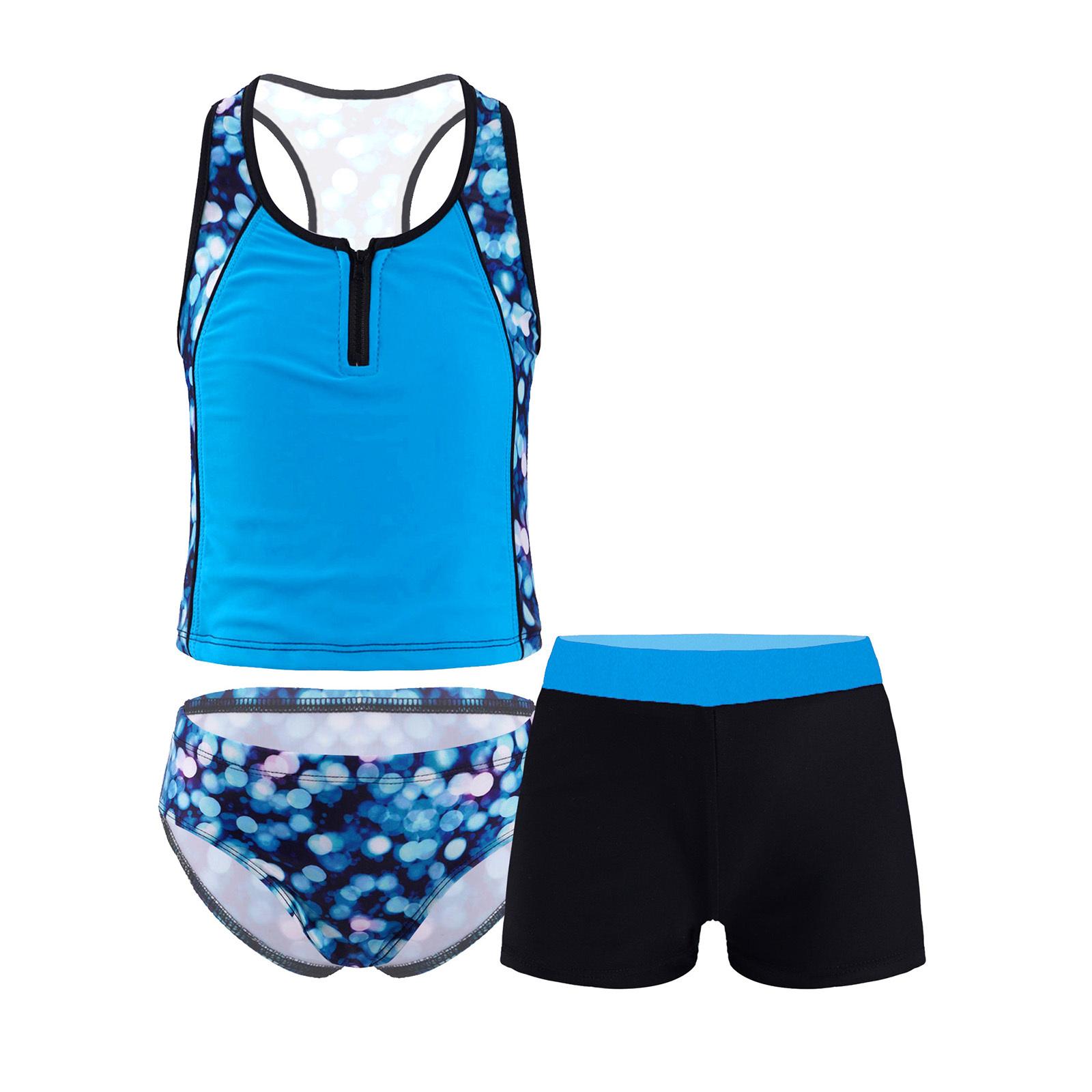 Yunduantong-electronic Meisjes 3-delige tankini set bloemenprint mouwloos racerback vest bikinitop zwemshorts 5-6 Years blauw