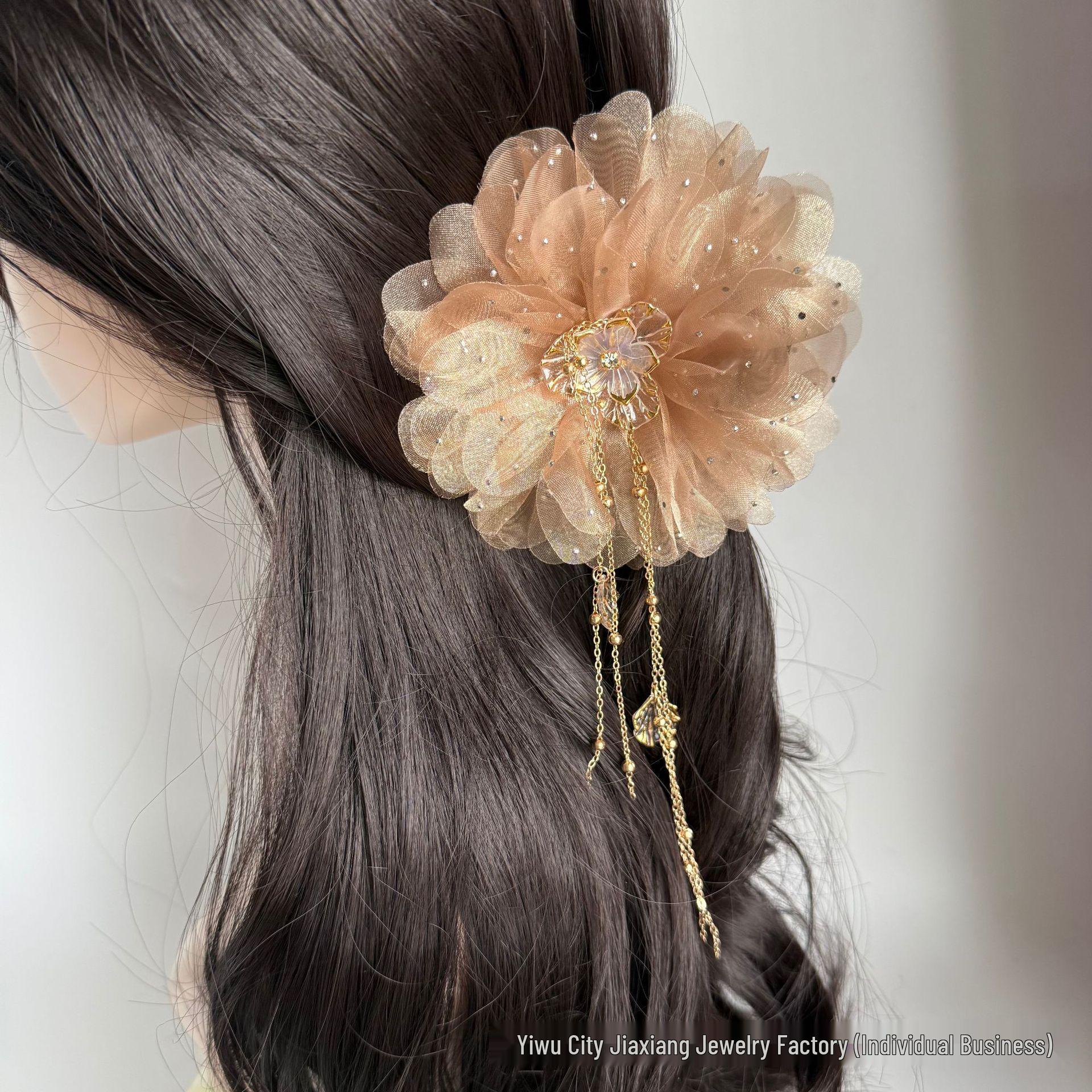 Clearance Gold Branch Jade Leaf Lotus Pearl Claw Hair Clip with Tassel