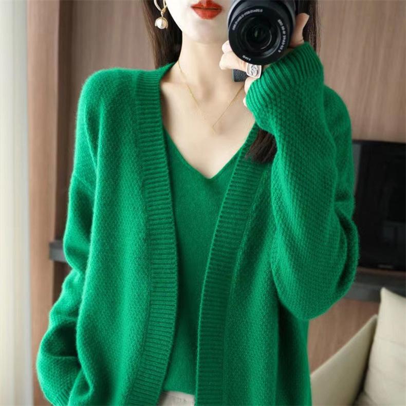 Women Autumn Winter Solid Causal V-Neck Top Vest Long Sleeve Knitwear Knit Sweater Cardigan 2 Pic