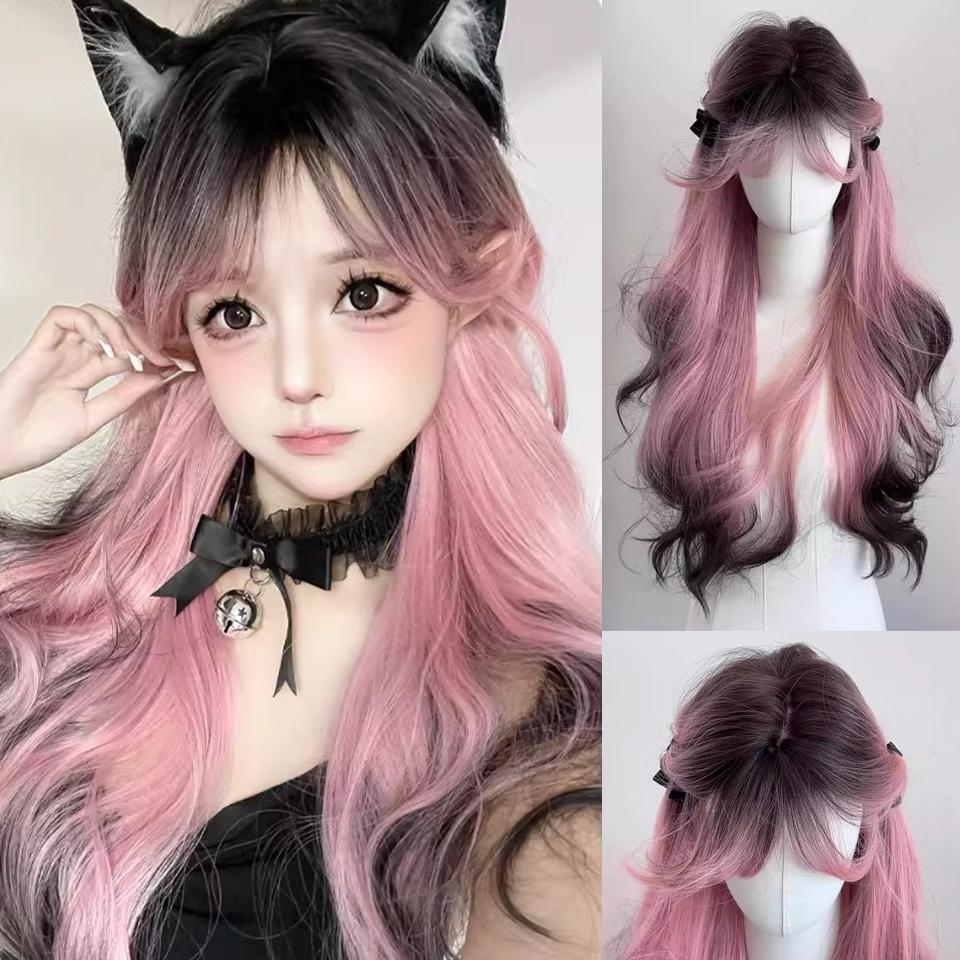 

Розовый WTB градиент черный длинный кудрявый синтетический парик свежий и милый повседневный многослойный парик с большими волнами градиент длинные кудрявый парик 70CM