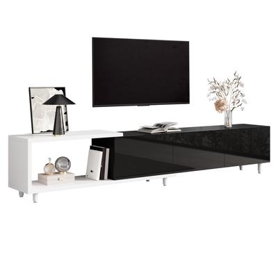 Extendable TV Cabinet, TV Lowboard, with 3 High-Gloss Doors, Metal Feet, Quiet Hinges, Modern Design, Storage
