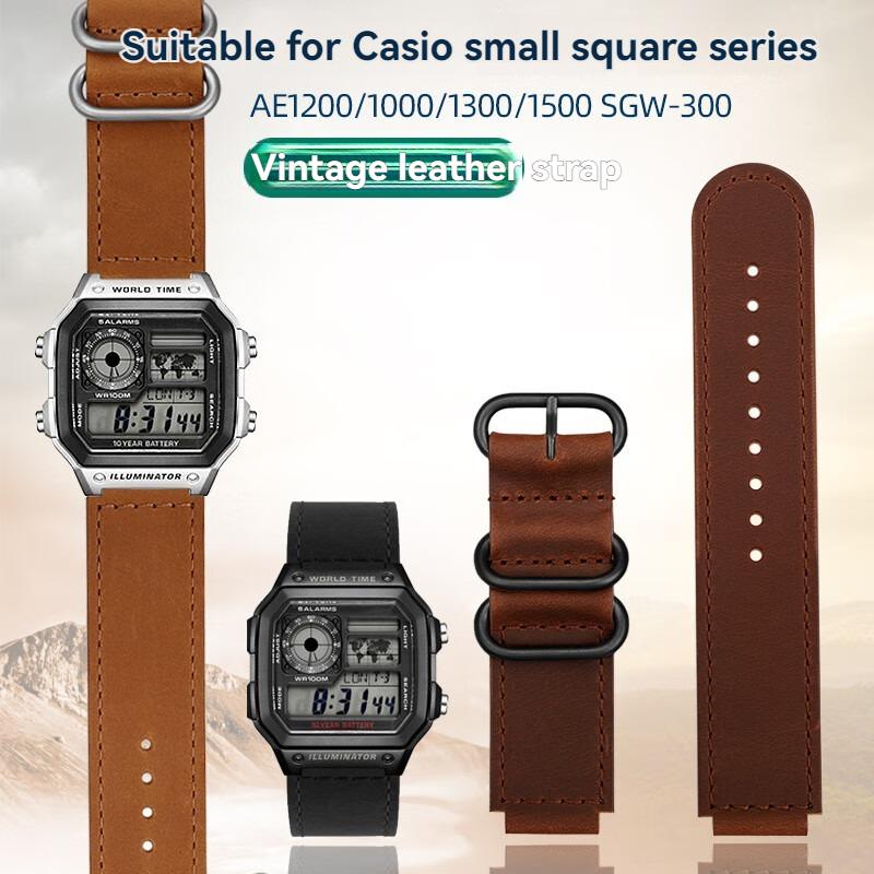 18mm Vintage Echte Leder Uhrenarmband für Casio AE-1200/AE-1300/AE-1500/SGW-300/SGW-400/W218H Schwarz & Braun Ersatzarmband