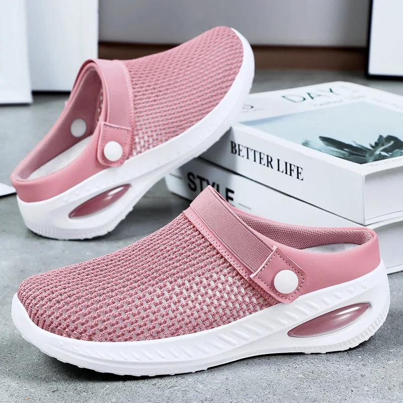 Women's Shoes Comfortable Soft Soled Flats Breathable Mesh Hollow Fly Weave Half Drag Non Slip Lightweight Casual Shoes