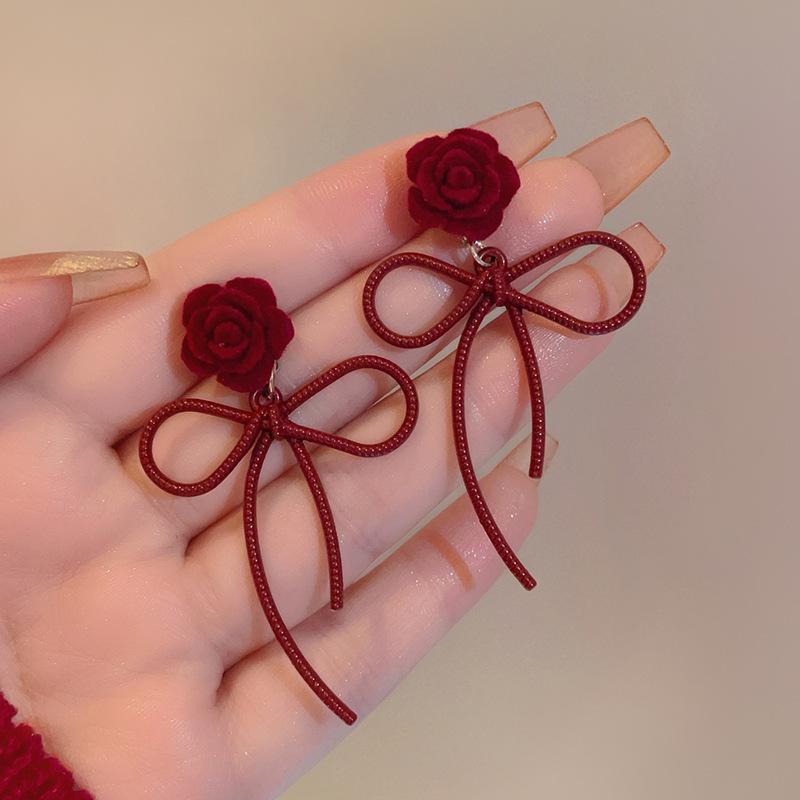 Red flower bow stud earrings niche design sense light luxury fashion high-end earrings autumn versatile