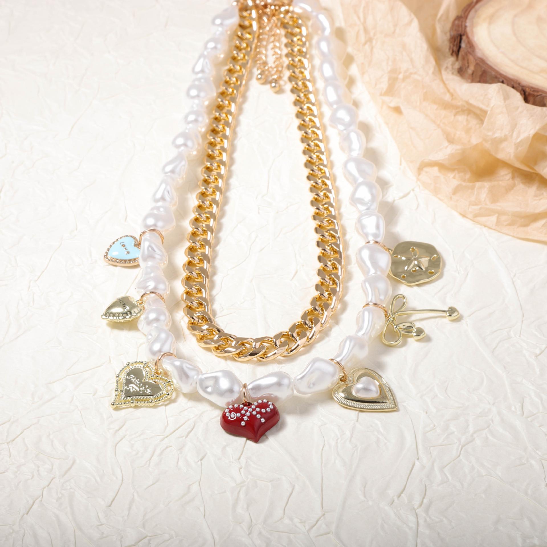 

Fashion Personality Double Layer Stacked Wear Imitation Pearl Various Love Geometric Pendant Chain Stacked Women s Necklace