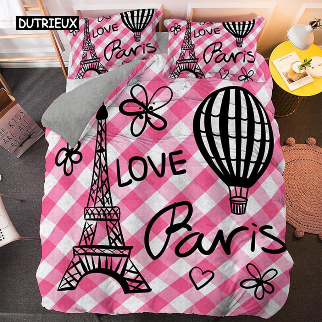 Eiffel Tower Duvet Cover Set Microfiber Paris Theme World Famous Architecture I Love Paris Pattern Bedding Set for Girls Woman