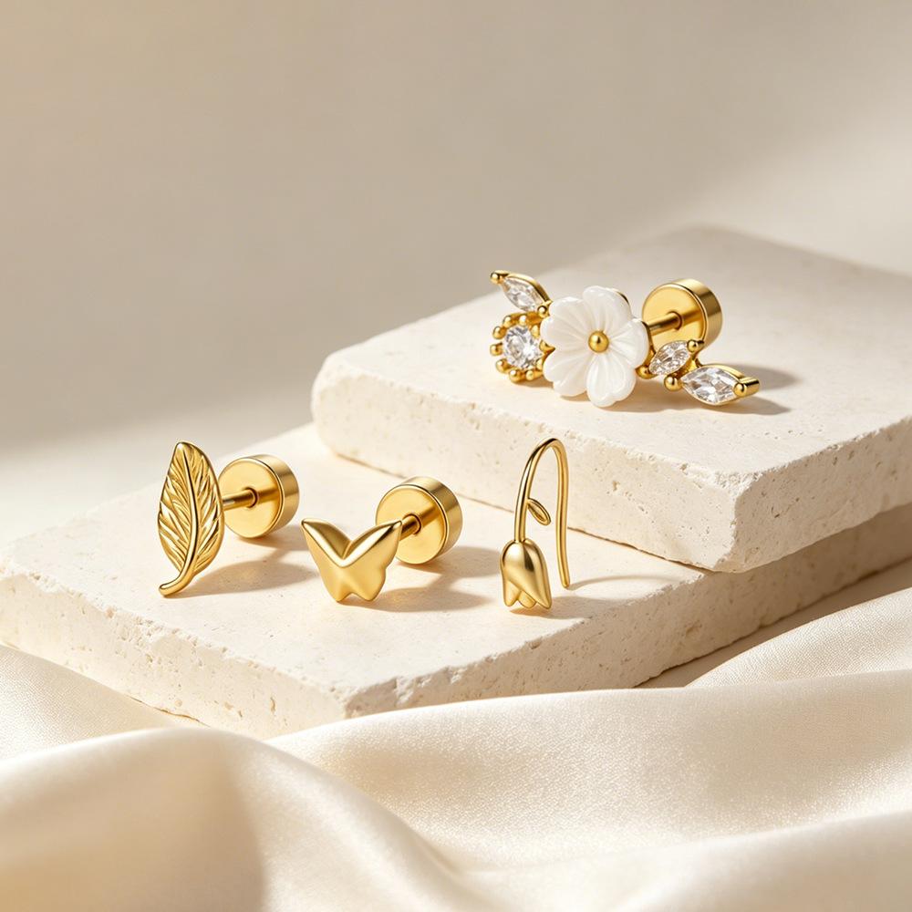Damila in Stock 925 Silver 18K Gold Plated Plant Design Series Flower Butterfly Leave Stud Earrings for Women Gift