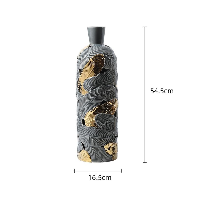 Ceramic Vase Creative Feather Shape Gray Gold Feather Pattern Flower Vase Porcelain Bottle Home Decoration Accessories