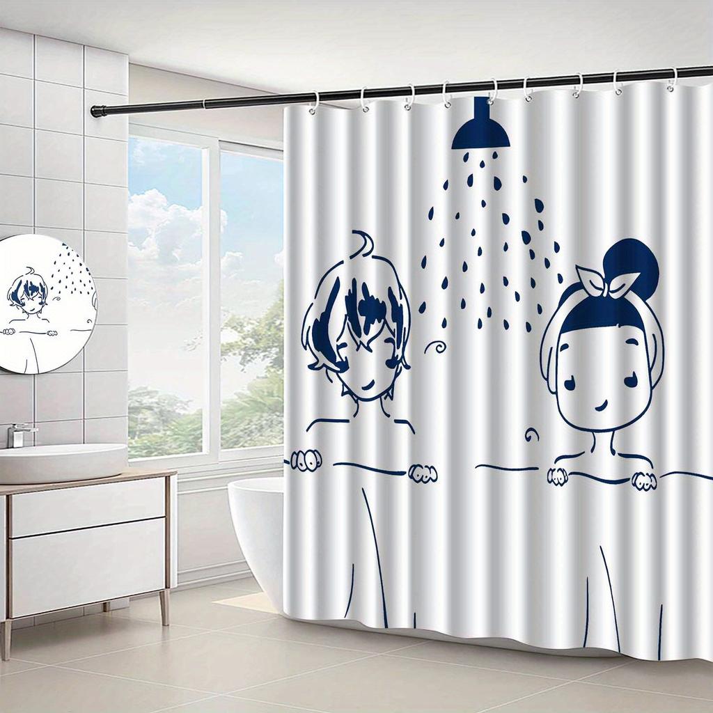 1Pc Elegant Cartoon Hand-Painted Shower Curtain, Made Of Polyester, Bathroom Decoration, Machine Washable, Includes Hooks.