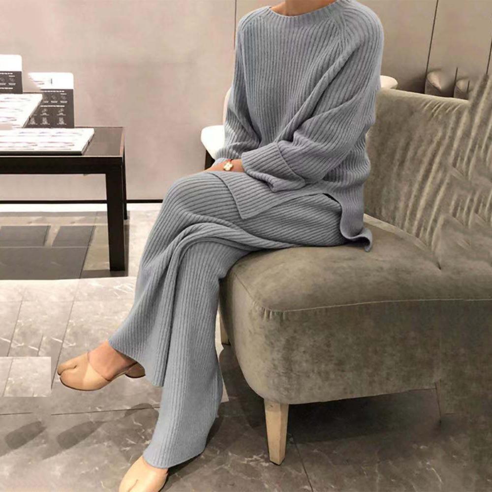 Women's Loose Fit Two-piece Suit Long Sleeve Knit Top Elastic Waist Wide Leg Pants