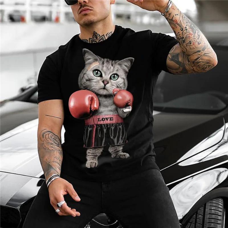 Roztomilé tričko s kočkou Animal Oversized Funny Cat Tops Tričko s límečkem Pánské 3D potištěné pánské tričko s kočkou Crew Krk s krátkým rukávem