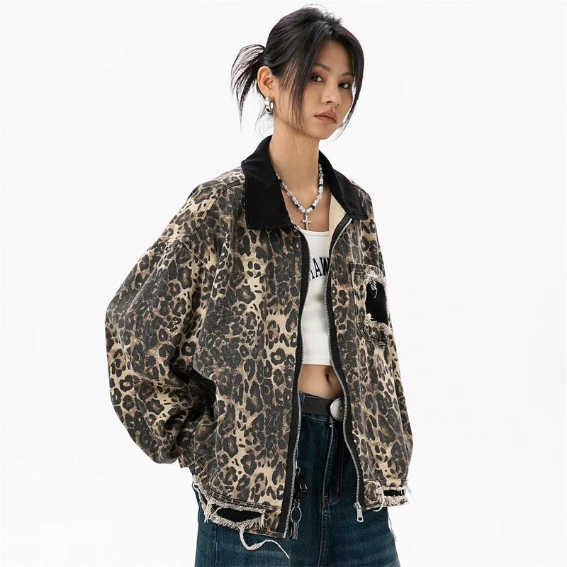 Women's Vintage Short Windbreaker Jacket Autumn 2024 Luxury Brand Cotton Leopard Denim Jackets for Woman Women's Autumn Clothes