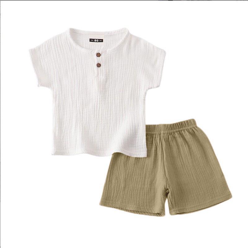 Kids' Cotton-Linen Summer Set: Short Sleeve Top & Shorts - Unisex Baby and Toddler Two-Piece Solid Color