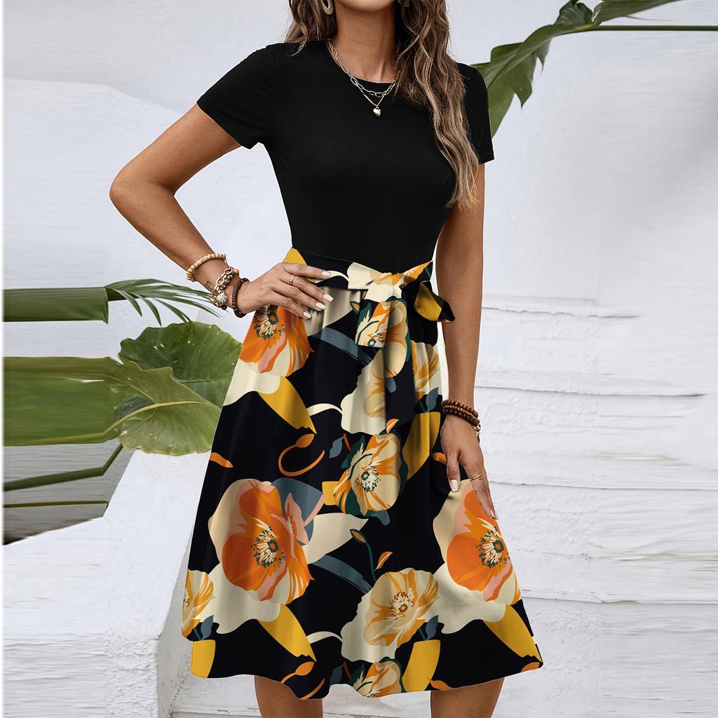 Dámské módní retro vzorované tištěné barevně blokované šaty