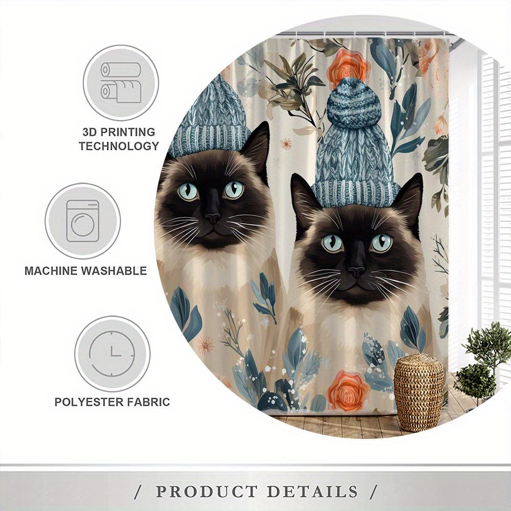 Whimsical Siamese Cats Shower Curtain - Knitted Beanies & Floral Design, Polyester, Fade-Resistant, 70.8X70.8", Machine Washable