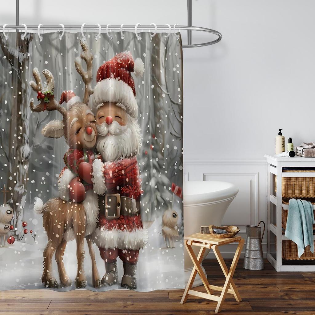 1Pc Santa Claus Reindeer Print Waterproof Shower Curtain Bathe Partition Curtain 12 Hooks Privacy Protection Easy Installation