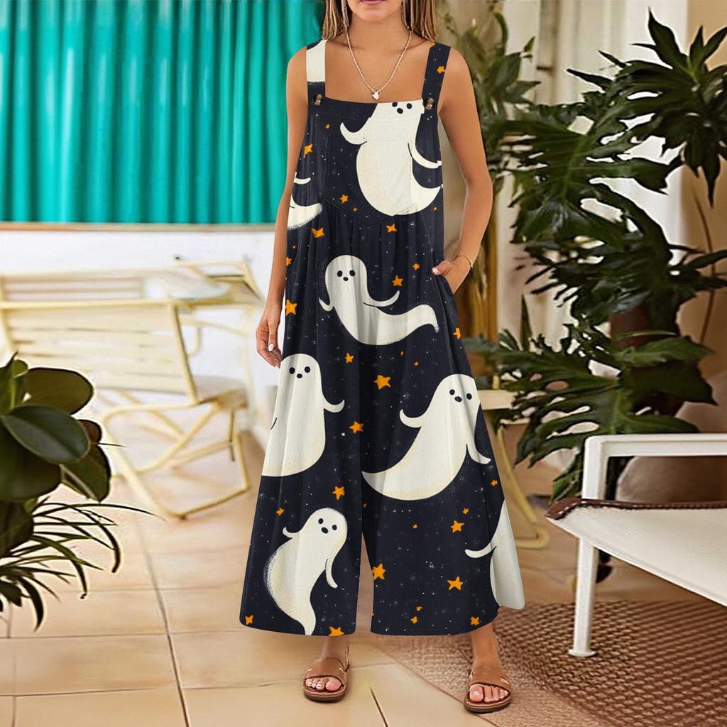 Women's Casual Jumpsuit Sleeveless Halloween Printed Cotton Jumpsuit
