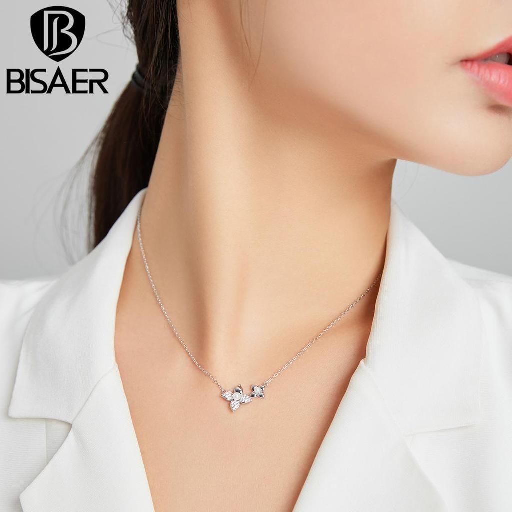 Bisaer Květinový náhrdelník 925 Sterling Silver Clear CZ Perlový náhrdelník pro ženy Svatební zásnubní jemné šperky