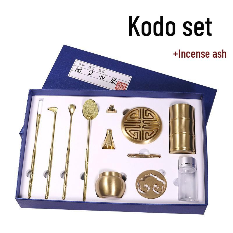 Brass Incense Ceremony Set: Seal Tools, Ash Press, Incense Powder, Burner, Shovel, Spoon, Stamp.