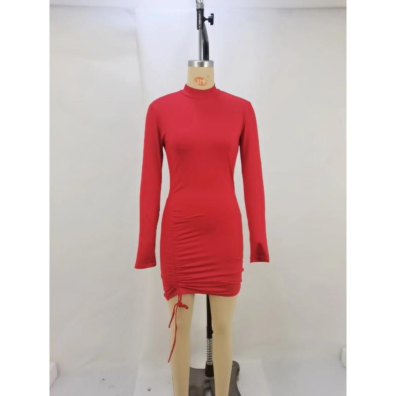 New Elegant Half Turtleneck Long Sleeved Drawstring Pleated Lace-up Dress Spring Autumn Bodycon Party Short Dress Female Solid Color Casual Clothing